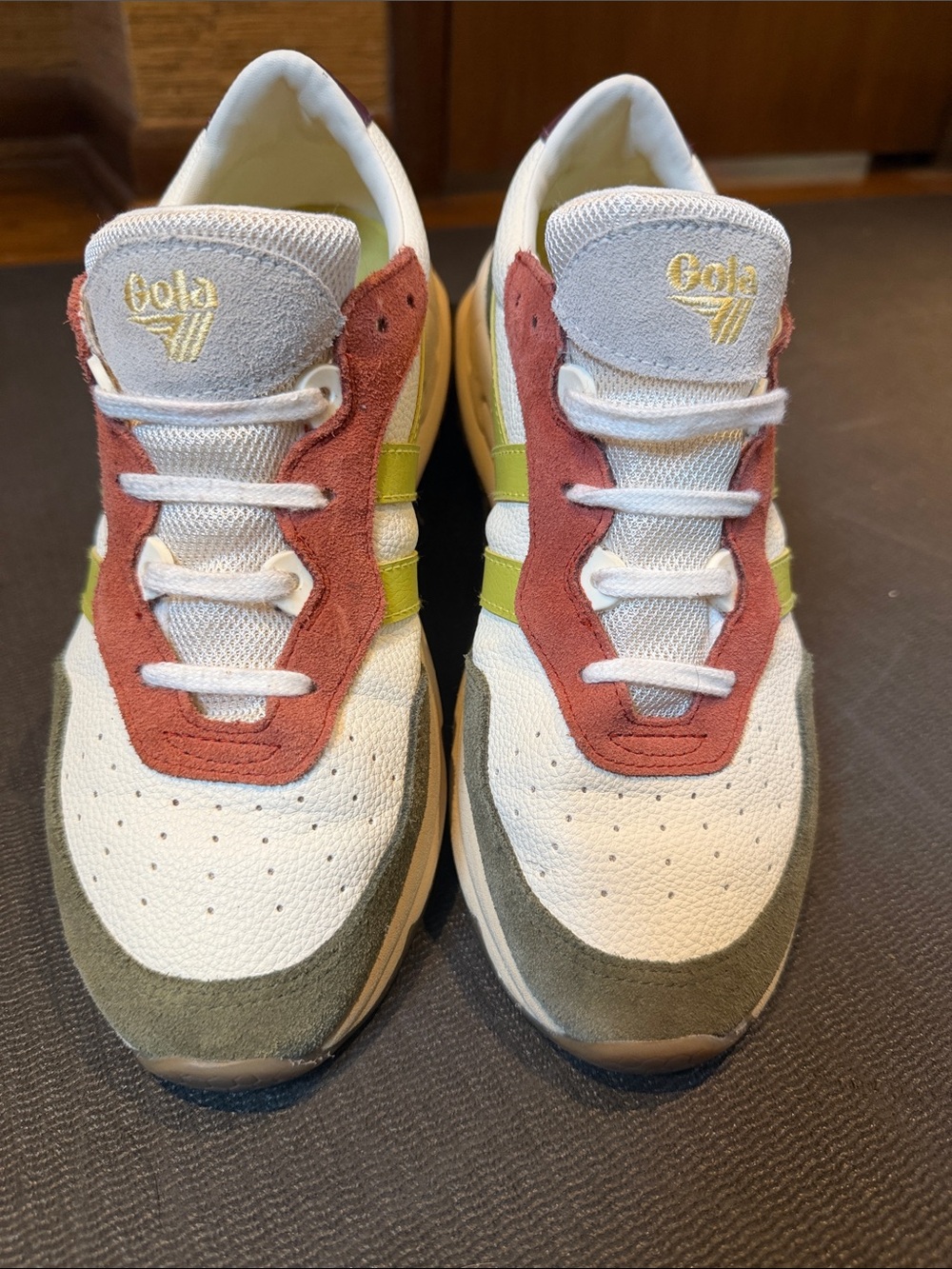 Gola Saturn White Sneakers with Olive, Rust & Lime Accents, 7.5